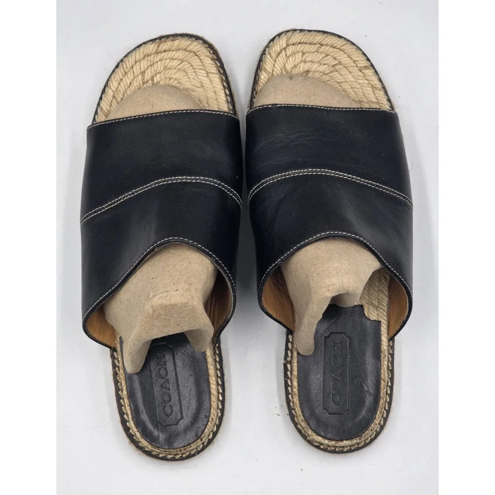 COACH Lola Espadrille Slide Sandals Black Leather Women's 8B J 237